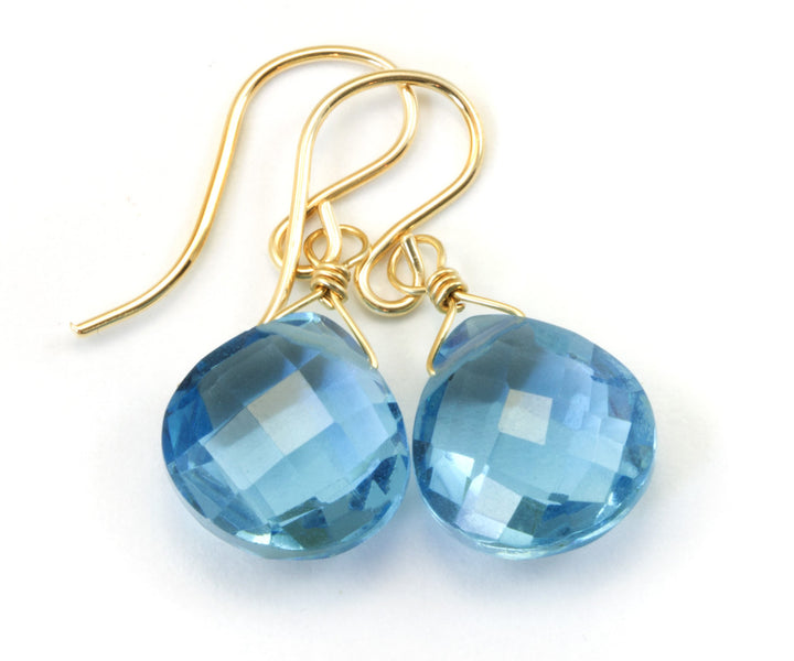 London Blue Faceted Simulated Topaz Earrings Heart Briolette Drops 14k Solid Yellow Gold or Filled or Sterling Silver SImple Dangle Drops