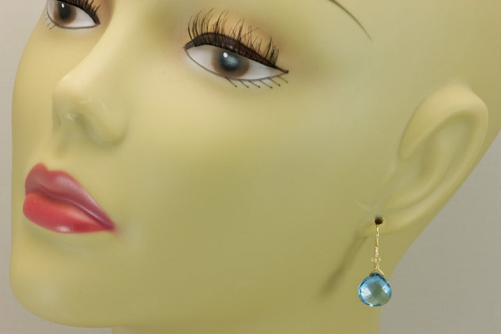 London Blue Faceted Simulated Topaz Earrings Heart Briolette Drops 14k Solid Yellow Gold or Filled or Sterling Silver SImple Dangle Drops