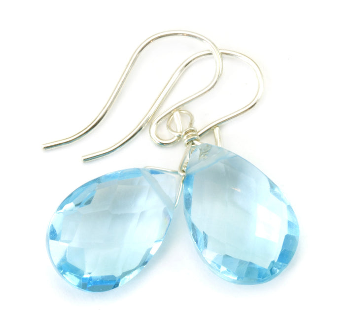 Swiss Blue Sim Topaz Earrings Baby Blue Pears 14k Solid Yellow Gold or Filled or Sterling Silver Pear Teardrops Light Simple Dainty Drop