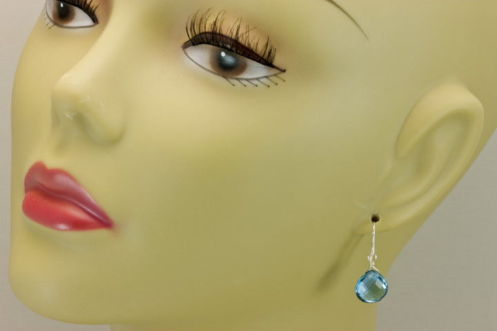 London Blue Faceted Simulated Topaz Earrings Heart Briolette Drops 14k Solid Yellow Gold or Filled or Sterling Silver SImple Dangle Drops