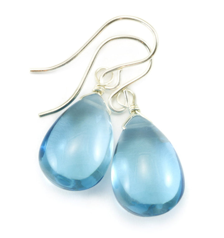 London Blue Simulated Topaz Earrings Smooth Pear Briolette Drops 14k Solid Gold or Filled or Sterling Silver Simple Classic Drops Soft Blue