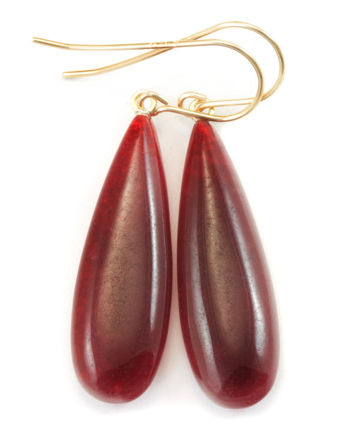 Red Quarzite Earrings Natural Smooth Teardrop Drops 14k Solid Gold or Filled or Sterling Silver Long Simple Contemporary Spyglass Design