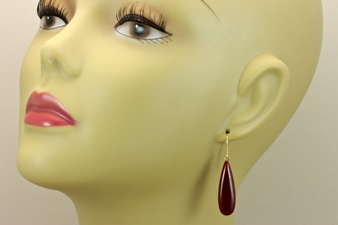 Red Quarzite Earrings Natural Smooth Teardrop Drops 14k Solid Gold or Filled or Sterling Silver Long Simple Contemporary Spyglass Design