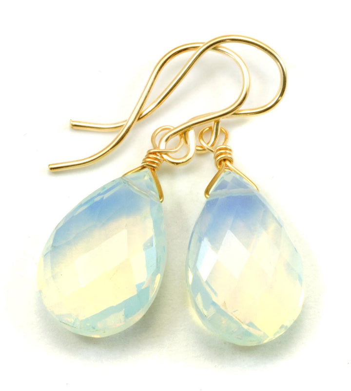 Opalite Earrings Faceted Pear AAA Teardrops 14k Solid Yellow Gold or Filled or Sterling Silver AAA cut iridescent colors simple daily drops