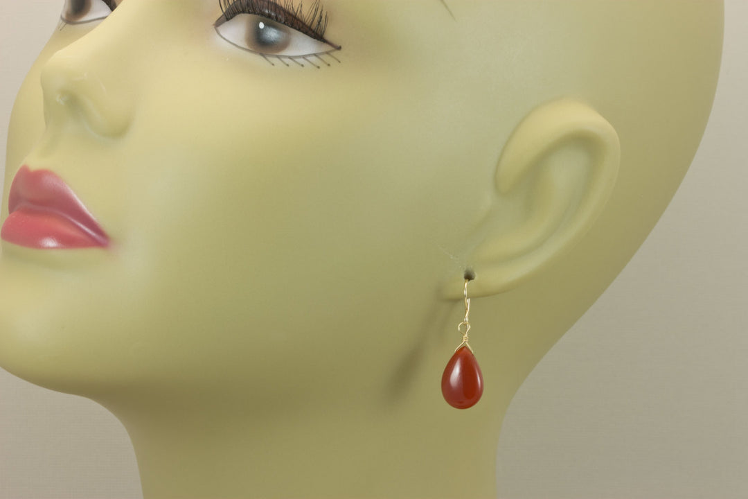 Carnelian Earrings Smooth Pear Orange Chalcedony AAA Teardrops 14k Solid Gold or Filled or Sterling Silver Natural Rich Earthy Simple Drops