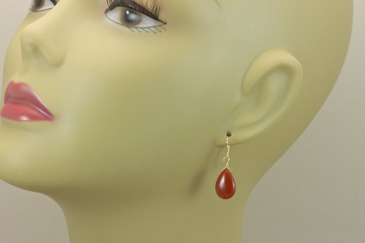 Carnelian Earrings Smooth Pear Orange Chalcedony AAA Teardrops 14k Solid Gold or Filled or Sterling Silver Natural Rich Earthy Simple Drops