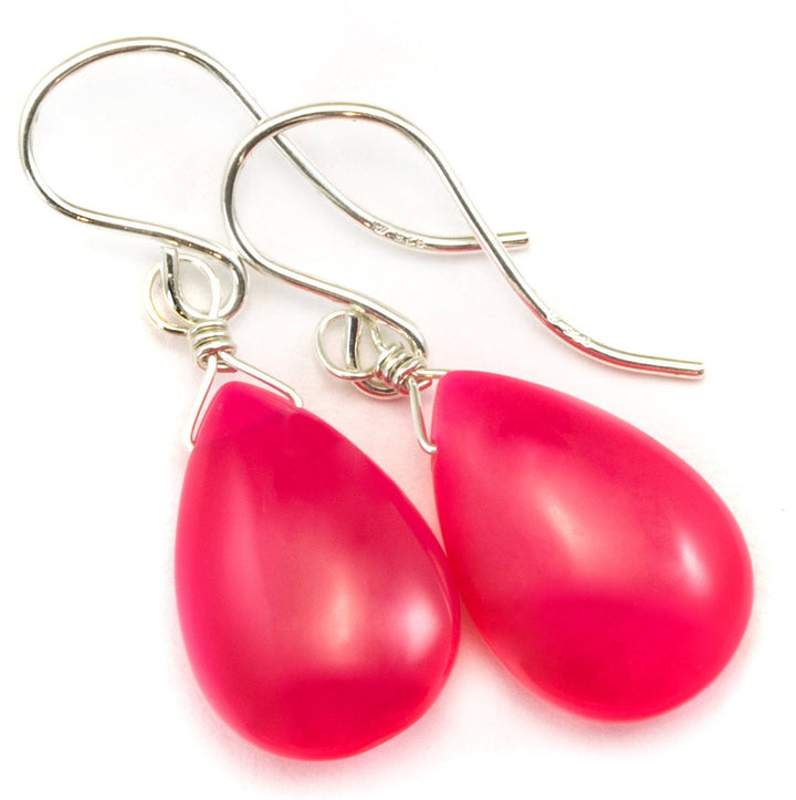 Hot Pink Chalcedony Earrings AAA Smooth Briolette Drops 14k Solid Gold or Filled or Sterling Silver Fuchsia Magenta Simple Classic Design