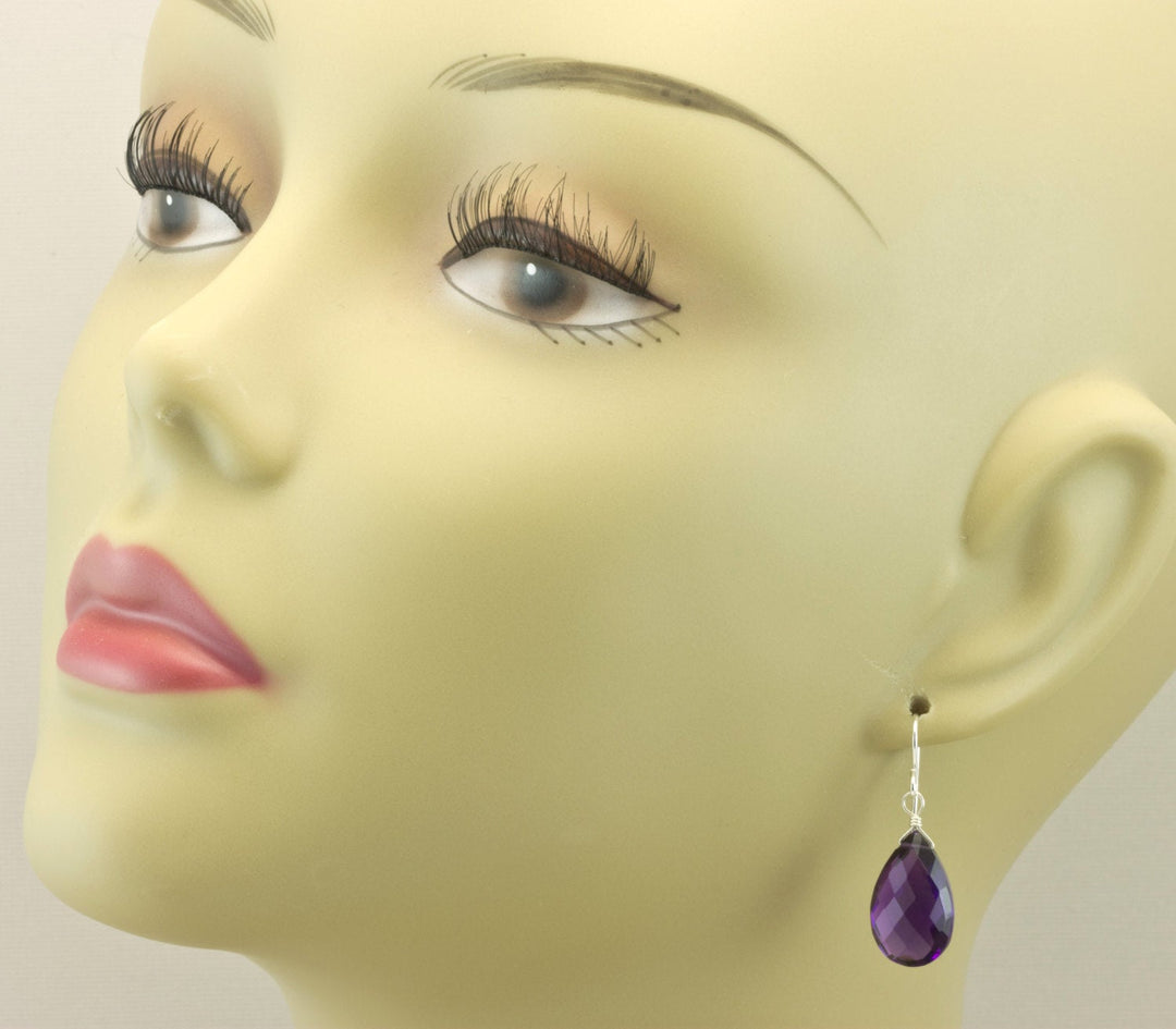 Purple Amethyst Earrings Simulated Faceted Puffed Teardrop 14k Solid Gold or Filled or Sterling Silver Deep Rich Purple Large Classic Drop
