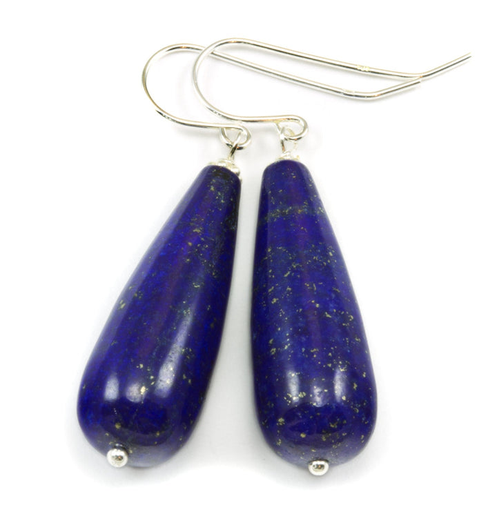 Lapis Lazuli Earrings Natural Smooth Long Teardrop Dangle 14k solid gold or 14k Gold Filled Sterling Silver Rounded Spyglass Designs Pyrite