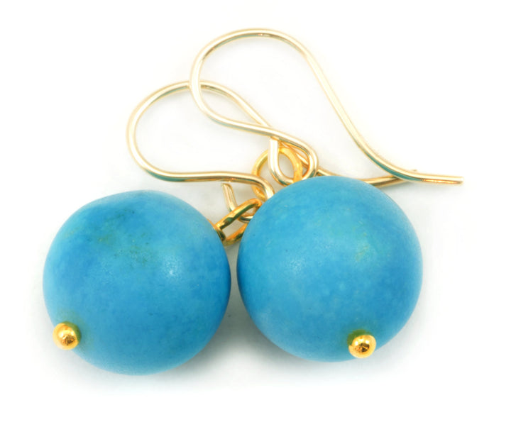 Blue Turquoise Earrings Teardrop Matt Finish Smooth Dangle Sterling Silver or 14k solid Yellow Gold or Filled Deep Blue Round Drops Simple