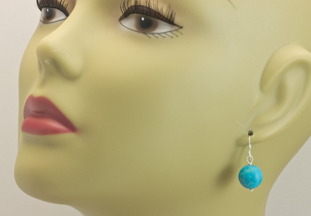 Blue Turquoise Earrings Teardrop Matt Finish Smooth Dangle Sterling Silver or 14k solid Yellow Gold or Filled Deep Blue Round Drops Simple