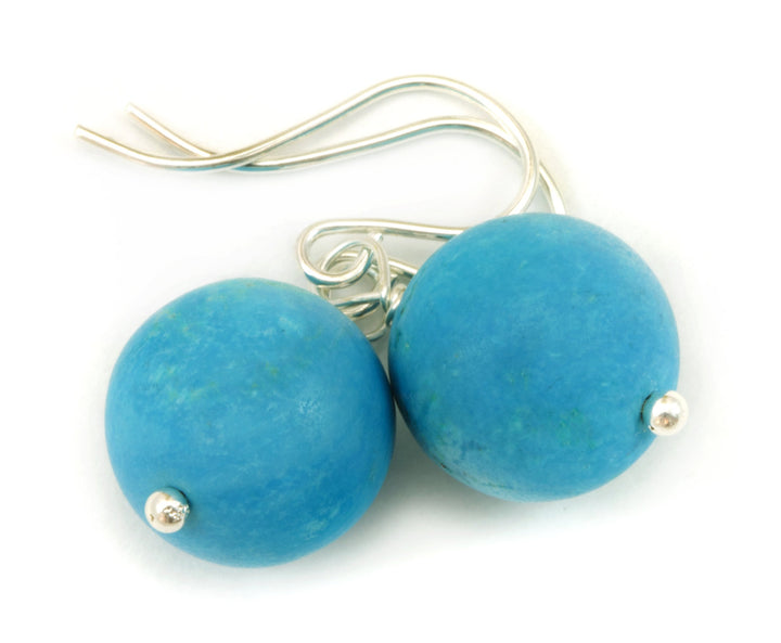 Blue Turquoise Earrings Teardrop Matt Finish Smooth Dangle Sterling Silver or 14k solid Yellow Gold or Filled Deep Blue Round Drops Simple