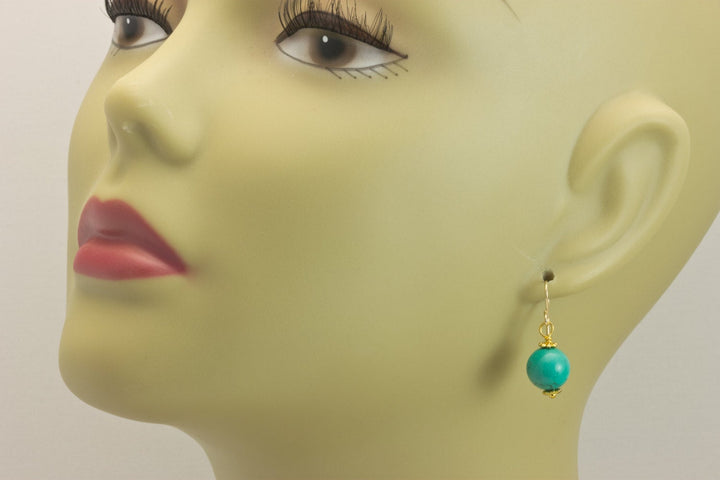 Green Turquoise Earrings Round Polished Smooth Drop Sterling Silver or 14k Solid Yellow Gold Filled Natural Veining Beaded Accents Simple