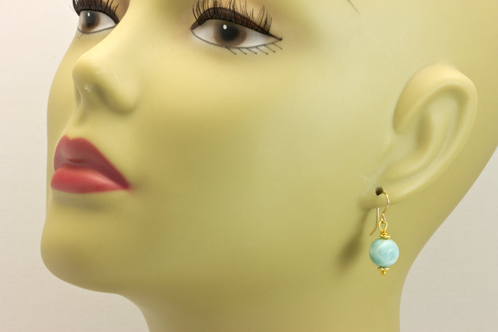 Blue Larimar Earrings Natural Round Polished Smooth Drop Sterling Silver or 14k Solid Gold or Filled Baby Light Blue Beaded Accent Simple