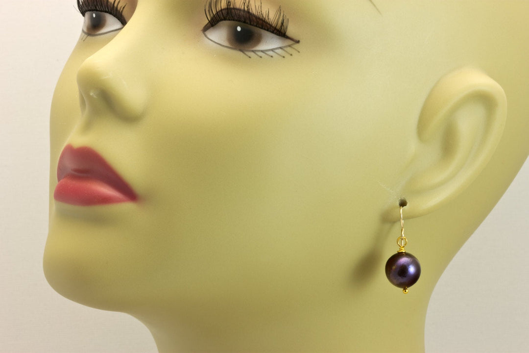 Black Peacock Pearl Earrings Round 12mm Pearls Sterling Silver or 14k Solid Gold or Filled Freshwater Cultured Classic Simple Large Everyday