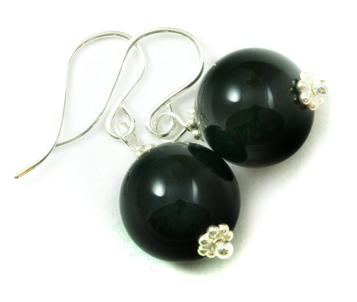 Black Onyx Earrings Sterling Silver or 14k Solid Gold or Filled Natural Round Drop Jet Black Smooth Beaded Accents Classic Simple Neutral