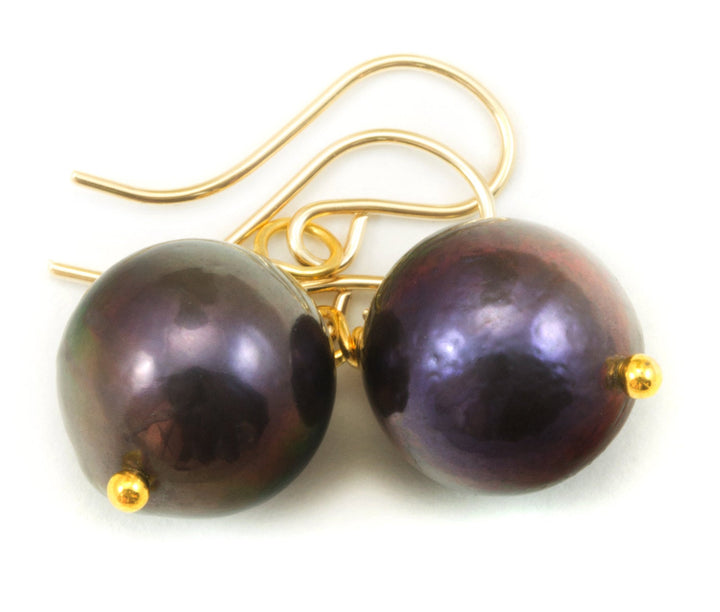 Black Peacock Pearl Earrings Round 12mm Pearls Sterling Silver or 14k Solid Gold or Filled Freshwater Cultured Classic Simple Large Everyday