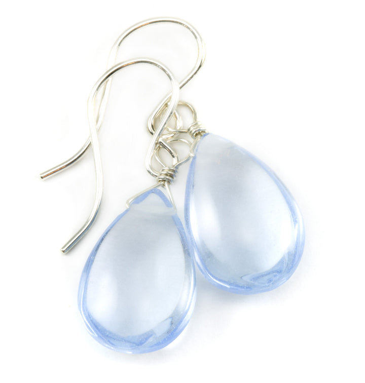 Ice Blue Sim Topaz Earrings Smooth Teardrop Cut Sterling Silver or 14k Solid Gold or Filled Pear Lightweight Daily Classic Pale Blue Drops