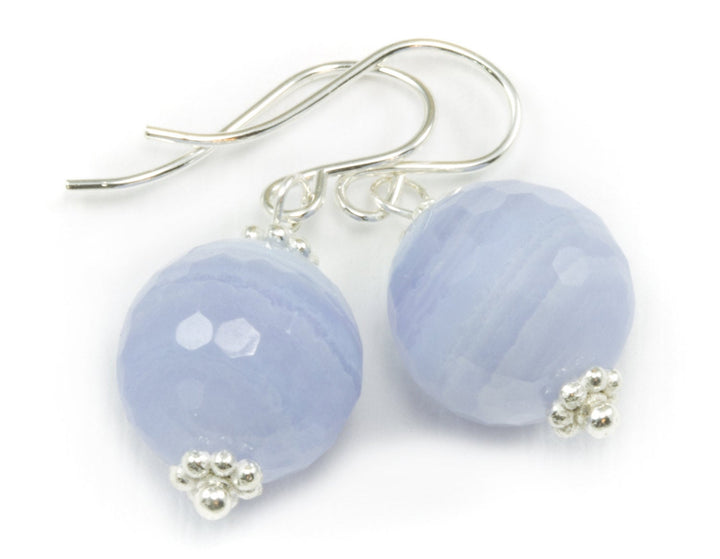 Blue Lace Agate Earrings 14k Solid gold or filled or Sterling Silver Faceted Round Dangle Drops  Natural Banding Soft blue Simple Drops