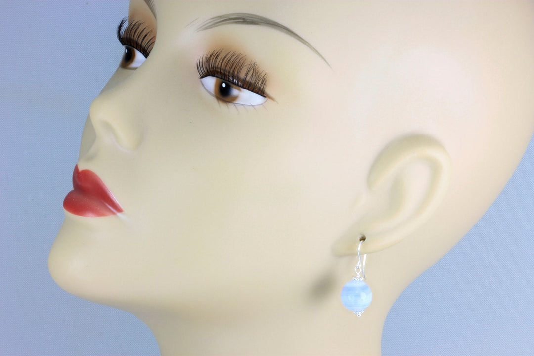 Blue Lace Agate Earrings 14k Solid gold or filled or Sterling Silver Faceted Round Dangle Drops  Natural Banding Soft blue Simple Drops