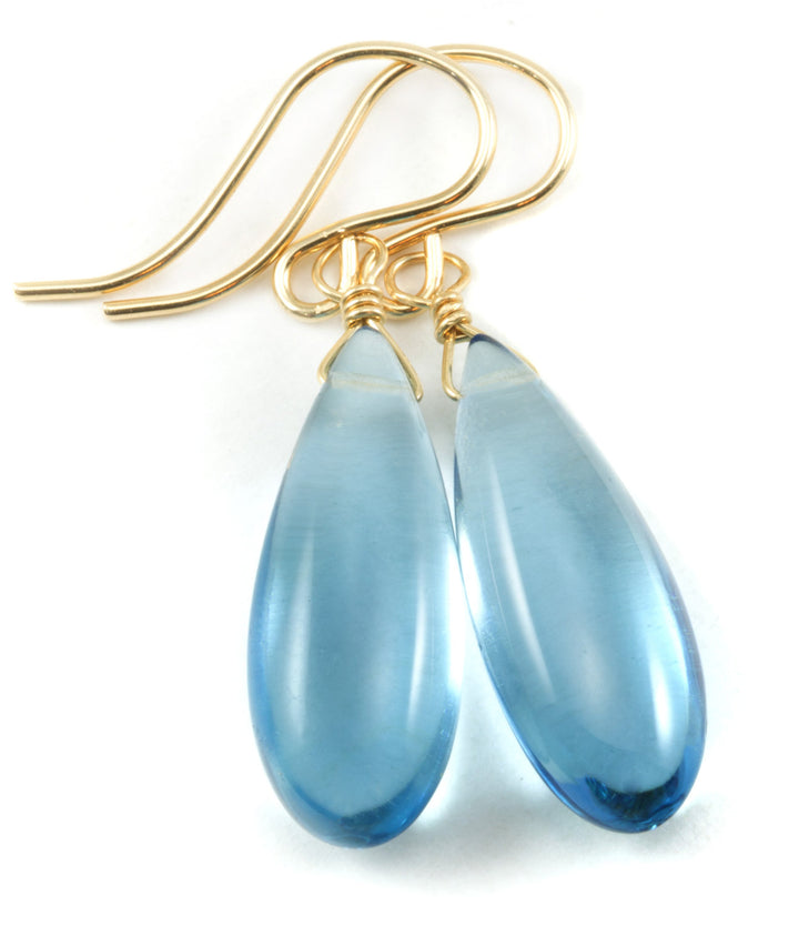 London Blue Simulated Topaz Earrings Smooth Long Teardrop Drops 14k Solid Gold or Filled or Sterling Silver Soft Smokey Blue Simple Classic
