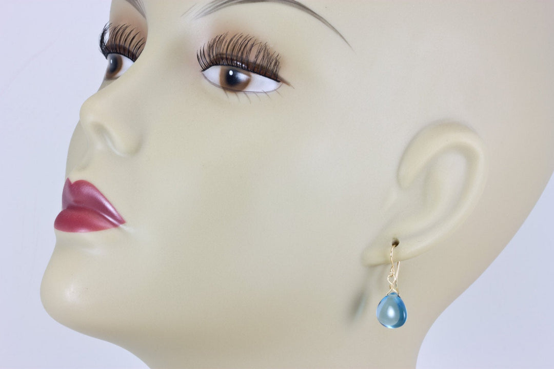 London Blue Simulated Topaz Earrings Smooth Heart Drops 14k Gold Filled or Sterling Silver Classic Simple Smokey blue Drops Spyglass Design