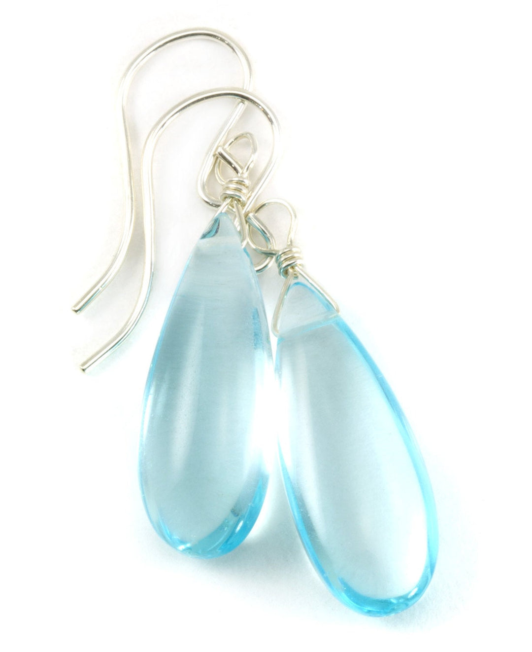 Swiss Blue Simulated Topaz Earrings Smooth Baby Blue Briolette Teardrops 14k Solid Gold or Filled or Sterling Silver Long Simple Drops Light