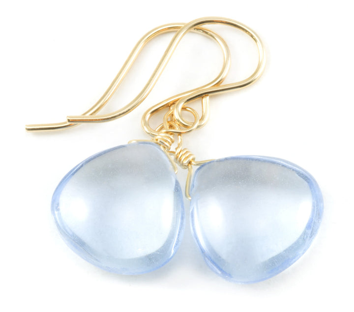 Ice Blue simulated Topaz Earrings Smooth Heart Teardrop Sterling Silver or 14k Solid Gold or Filled Soft Pale Blue lightweight classic drops