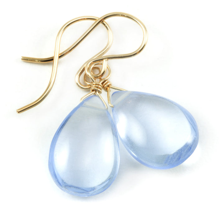 Ice Blue Sim Topaz Earrings Smooth Teardrop Cut Sterling Silver or 14k Solid Gold or Filled Pear Lightweight Daily Classic Pale Blue Drops