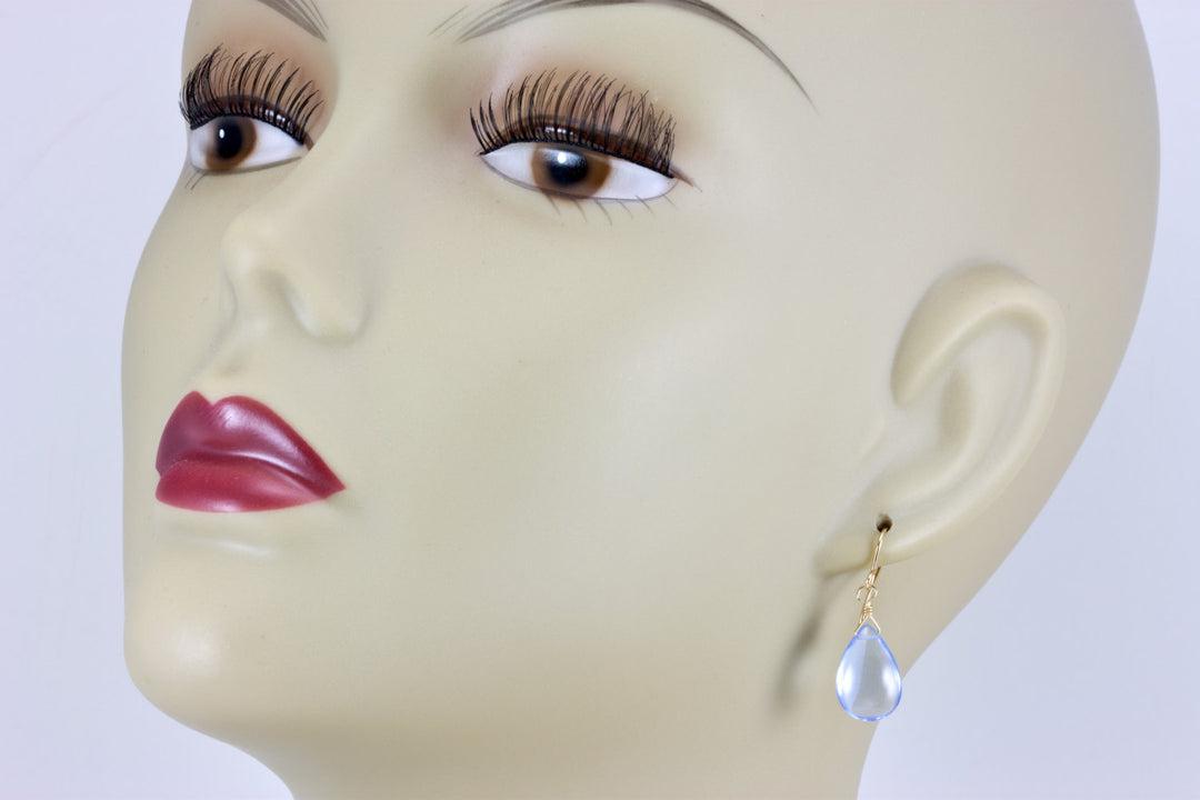 Ice Blue Sim Topaz Earrings Smooth Teardrop Cut Sterling Silver or 14k Solid Gold or Filled Pear Lightweight Daily Classic Pale Blue Drops