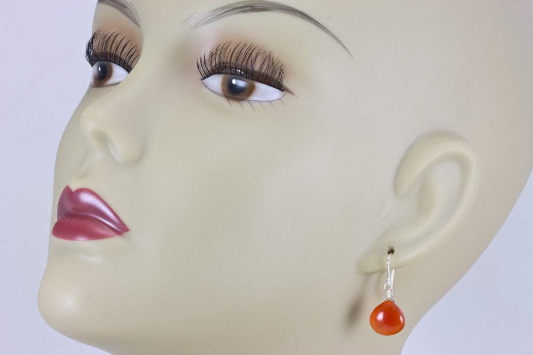 Carnelian Earrings Smooth Heart Teardrop  Sterling Silver or 14k Solid Gold or Filled Natural earthy orange chalcedony simple classic basic