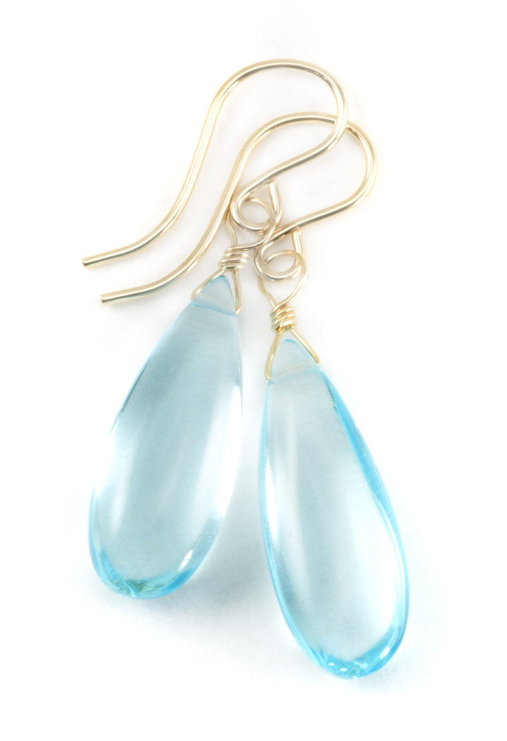 Swiss Blue Simulated Topaz Earrings Smooth Baby Blue Briolette Teardrops 14k Solid Gold or Filled or Sterling Silver Long Simple Drops Light