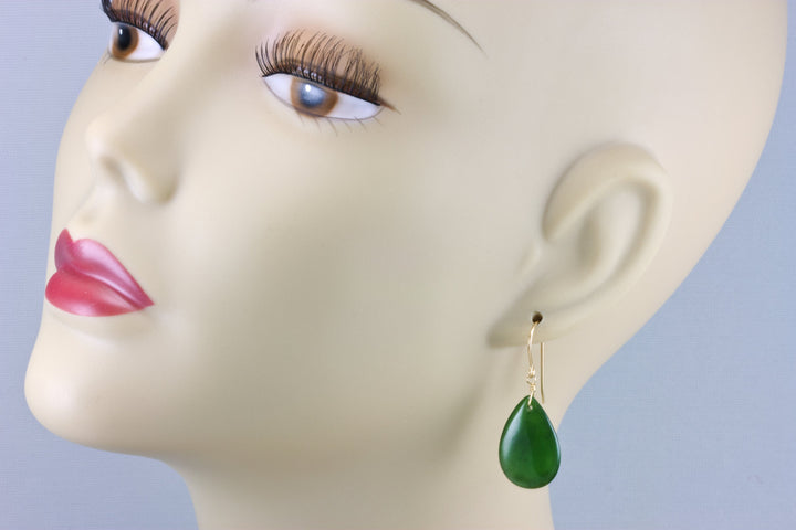 Jade Earrings Natural Green Nephrite Smooth Fat Teardrop Drops 14k Solid Gold or Filled or Sterling Silver Earthy Rich Green classic simple