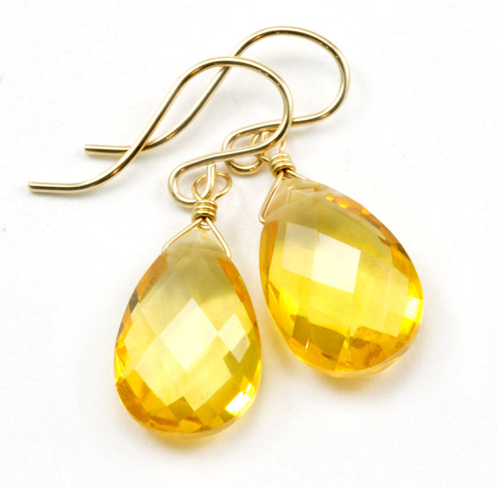 Yellow Citrine Quartz Earrings faceted Teardrop Dangle 14k gold filled or Sterling Silver Spyglass Designs Bright Yellow Pear Shaped Drops