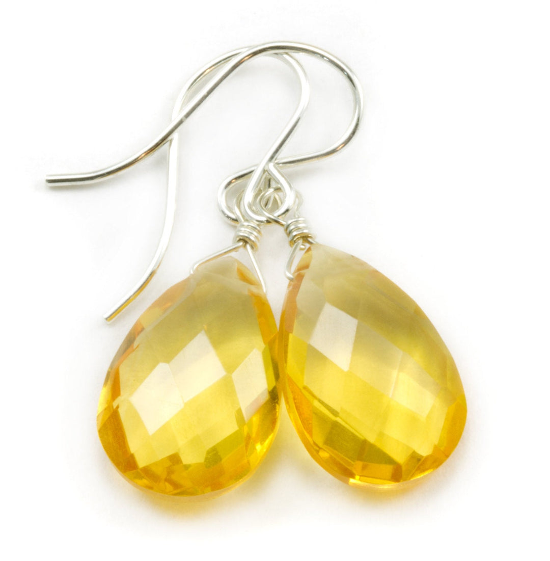 Yellow Citrine Quartz Earrings faceted Teardrop Dangle 14k gold filled or Sterling Silver Spyglass Designs Bright Yellow Pear Shaped Drops