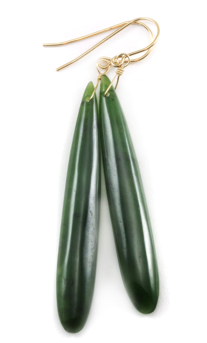 Green Jade Earrings Natural Nephrite Skinny Long Teardrop 14k solid gold or filled or Sterling Silver Rich Real Earthy Simple Cut Drops