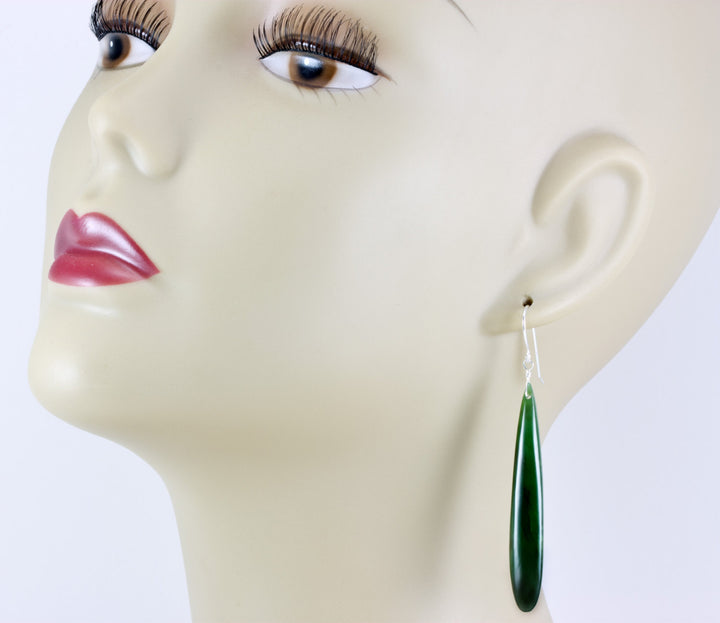 Green Jade Earrings Natural Nephrite Skinny Long Teardrop 14k solid gold or filled or Sterling Silver Rich Real Earthy Simple Cut Drops