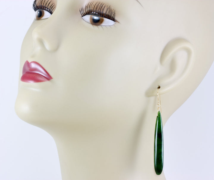 Green Jade Earrings Natural Nephrite Skinny Long Teardrop 14k solid gold or filled or Sterling Silver Rich Real Earthy Simple Cut Drops