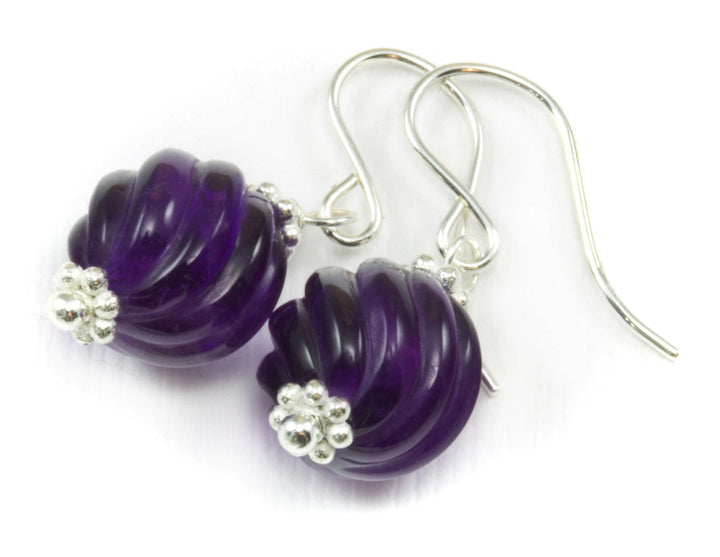 African Purple Amethyst Earrings Fancy Cut Smooth Round 14k Solid Gold or Filled or Sterling Silver Natural Carved Swirl Deep Rich Drops
