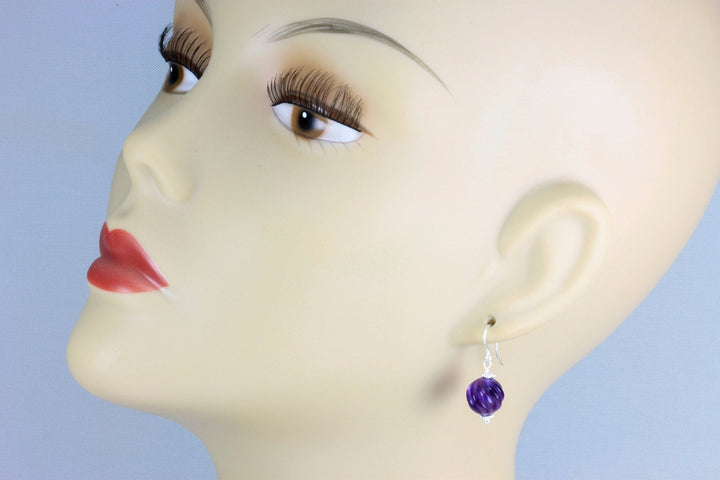 African Purple Amethyst Earrings Fancy Cut Smooth Round 14k Solid Gold or Filled or Sterling Silver Natural Carved Swirl Deep Rich Drops