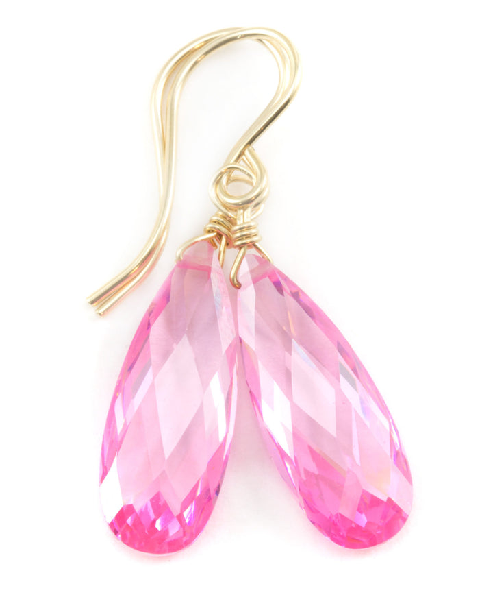 Sapphire Pink Earrings Cubic Zirconia Long Teardrop  AAA CZ  14k Solid Gold or Filled Sterling Silver Faceted Briolettes Bright Simple Drop