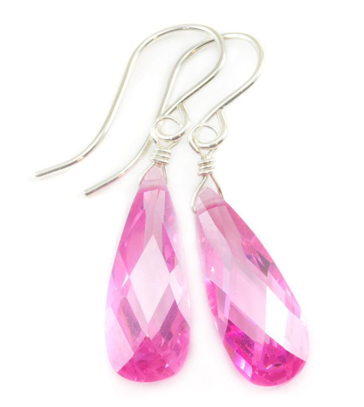 Sapphire Pink Earrings Cubic Zirconia Long Teardrop  AAA CZ  14k Solid Gold or Filled Sterling Silver Faceted Briolettes Bright Simple Drop