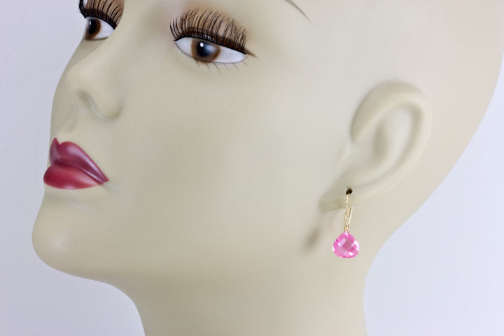 Sapphire Pink Earrings Cubic Zirconia Heart Teardrop  AAA CZ  14k Solid Gold or Filled or Sterling Silver Simple Dainty Bright Pink Drops