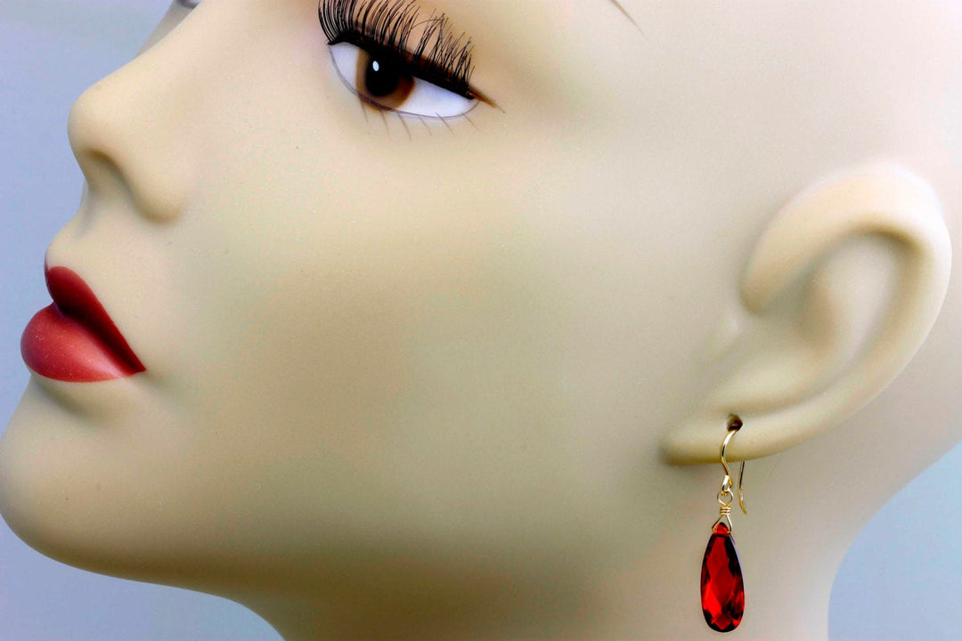Garnet Red Cubic Zirconia Earrings Teardrop AAA CZ Long Dangle Sterling Silver or 14k Solid Gold or Filled Faceted Simple Lightweight Drop
