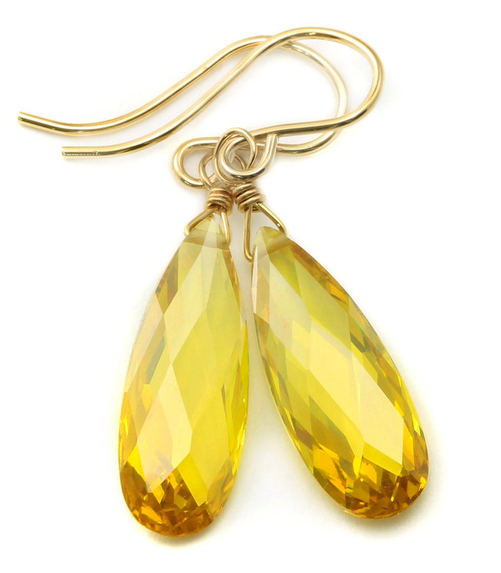 Canary Yellow Cubic Zirconia Earrings AAA CZ  Long Dangle 14k solid gold or filled or Sterling Silver Everyday dainty drops faceted simple