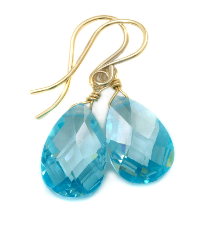 Aquamarine Cubic Zirconia Earrings Faceted Aqua Blue AAA CZ  14k Solid Gold or Filled or Sterling Silver Pear Teardrops Simple Aqua Drops