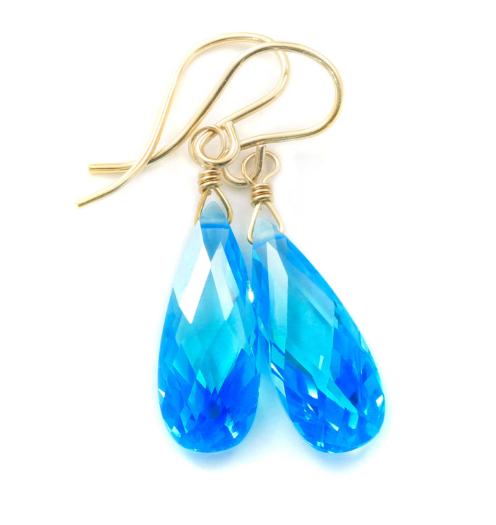 Topaz Swiss Blue Cubic Zirconia Earrings Long Teardrop AAA CZ  Sterling Silver or 14k Solid Gold or Filled Faceted Long Simple Drop Spyglass