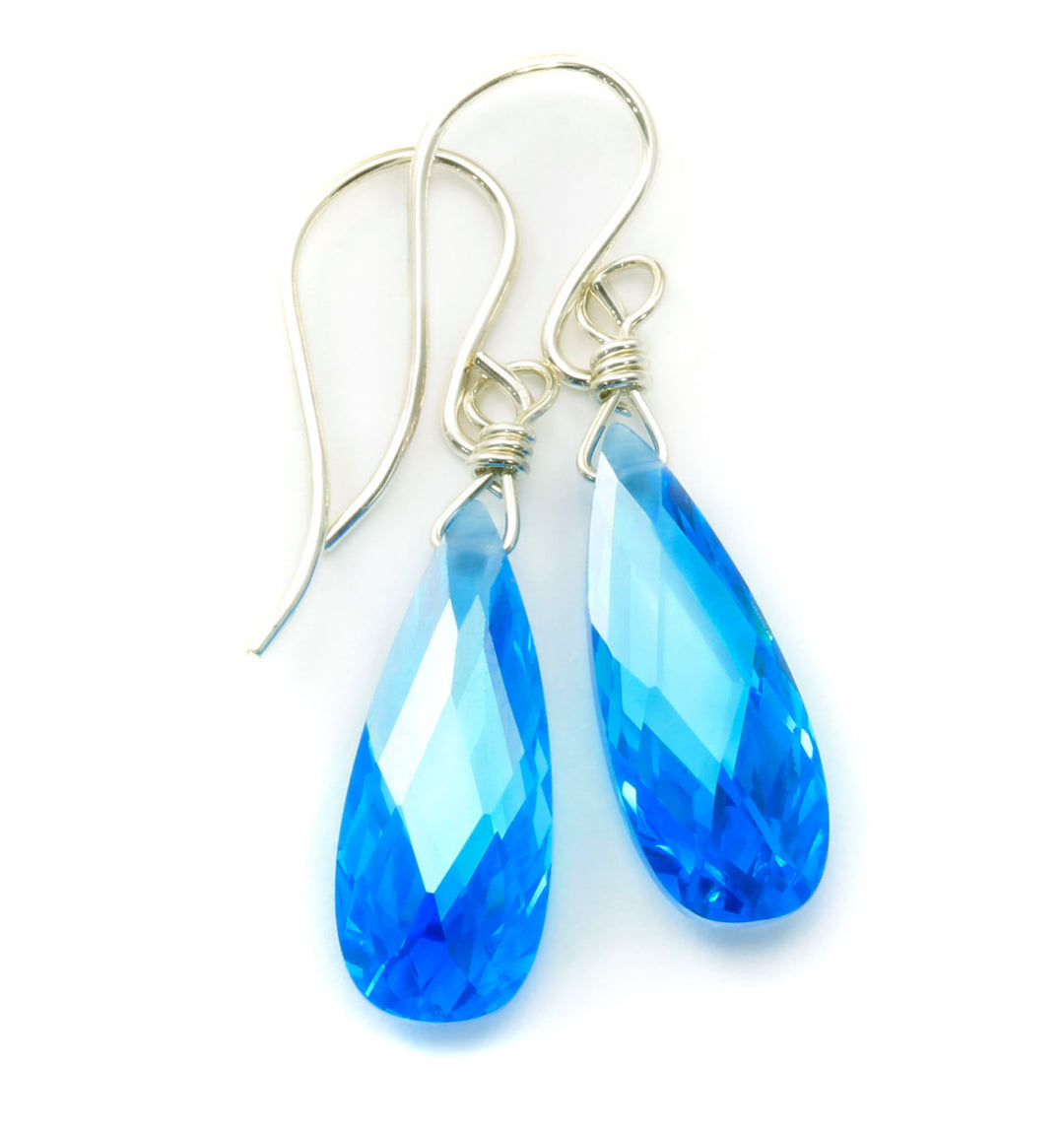 Topaz Swiss Blue Cubic Zirconia Earrings Long Teardrop AAA CZ  Sterling Silver or 14k Solid Gold or Filled Faceted Long Simple Drop Spyglass