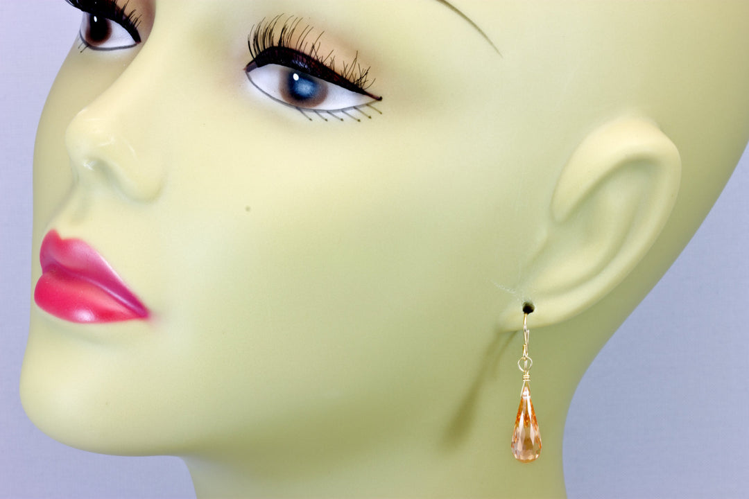 Champagne Cognac Cubic Zirconia Earrings Long Teardrop Micro Facet AAA CZ 14k Yellow Solid Gold or Filled or Sterling Silver Briolette Drops