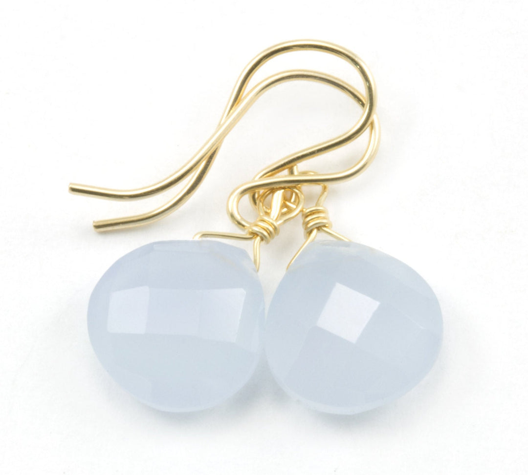 Steel Blue Gray Chalcedony Earrings Teardrop Heart Faceted Sterling Silver or 14k Solid Gold or Filled Simple Classic Daily Wear Drops